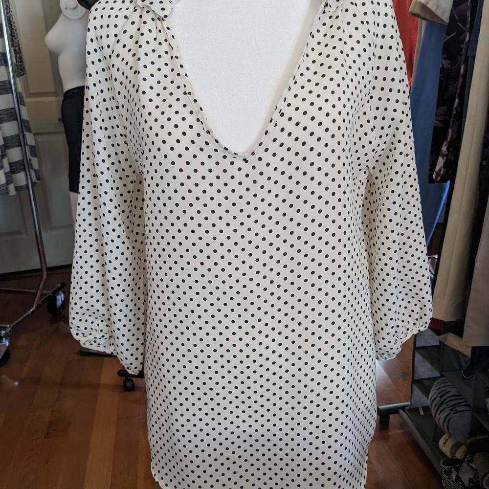 Renee C. Black and White Polka Dot V-Neck Top